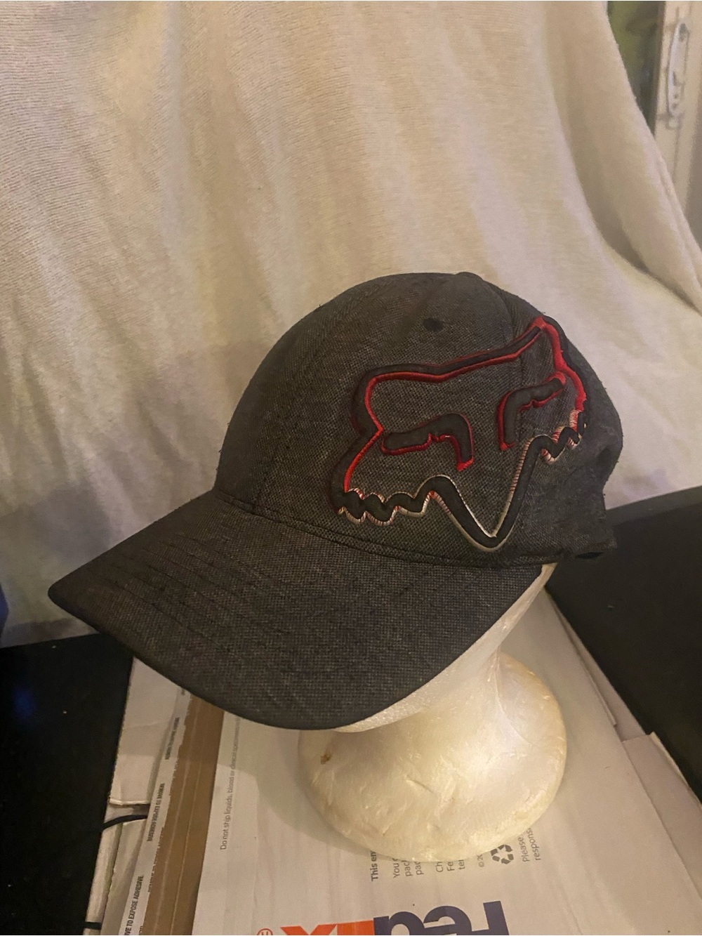 Fox Racing gray cap with red fox head embroidered logo hat size L XL